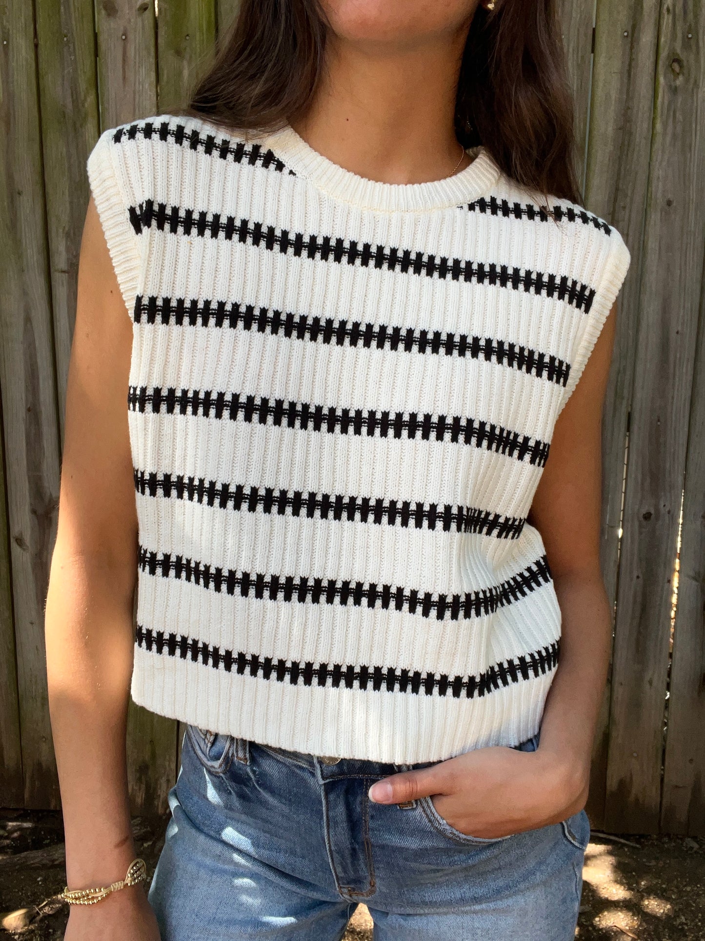 Black And White Striped Knitted Sleeveless Top