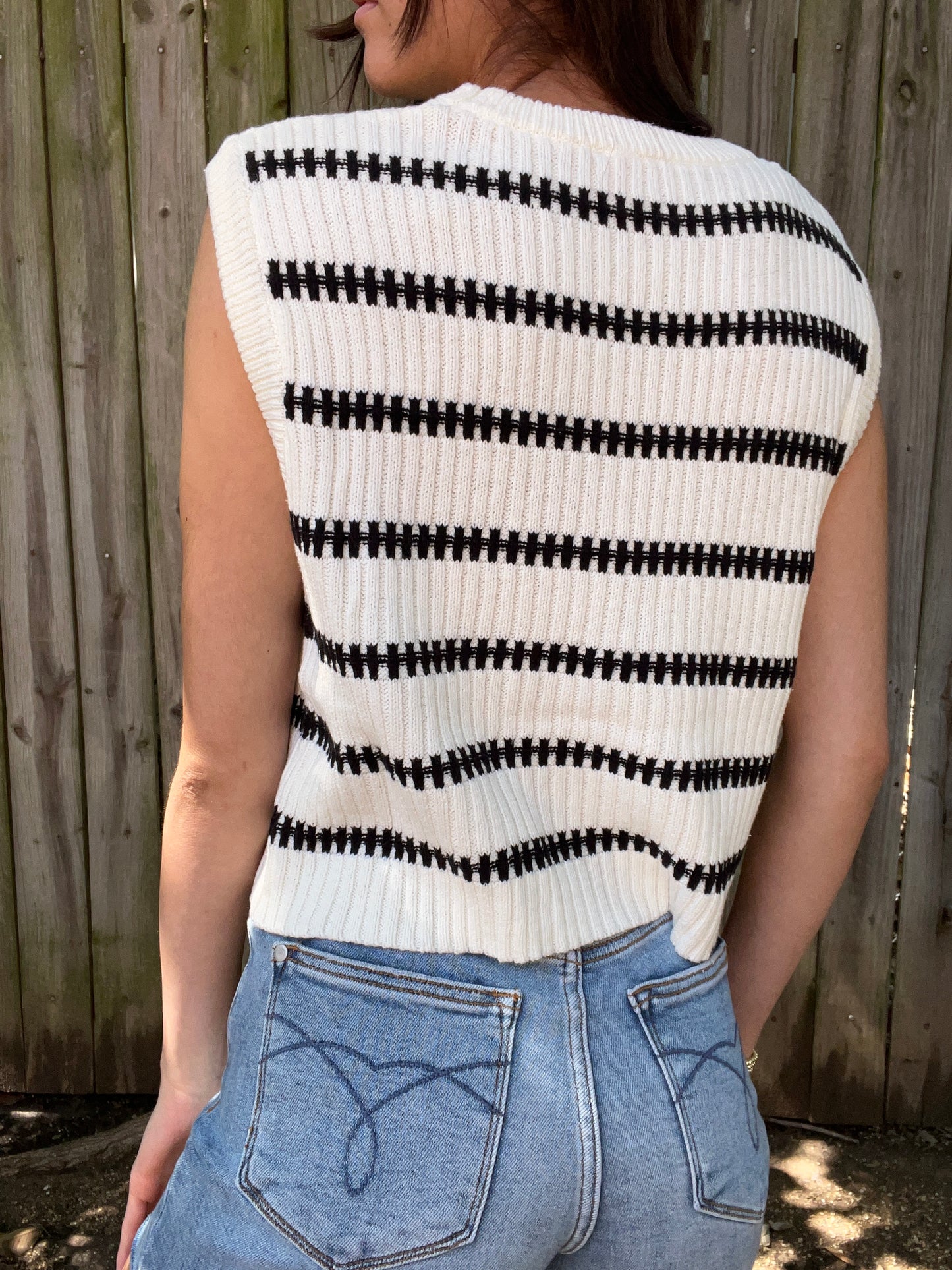 Black And White Striped Knitted Sleeveless Top