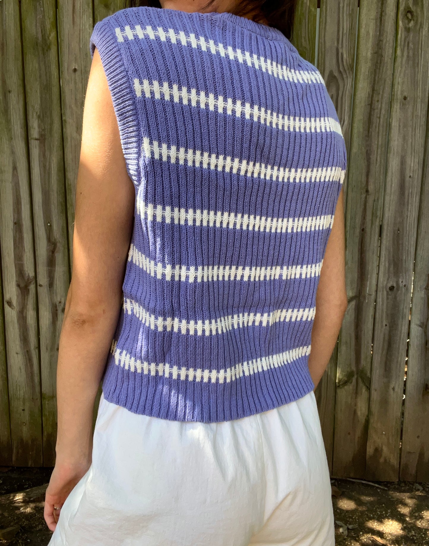 Lavender And White Striped Knitted Sleeveless Top