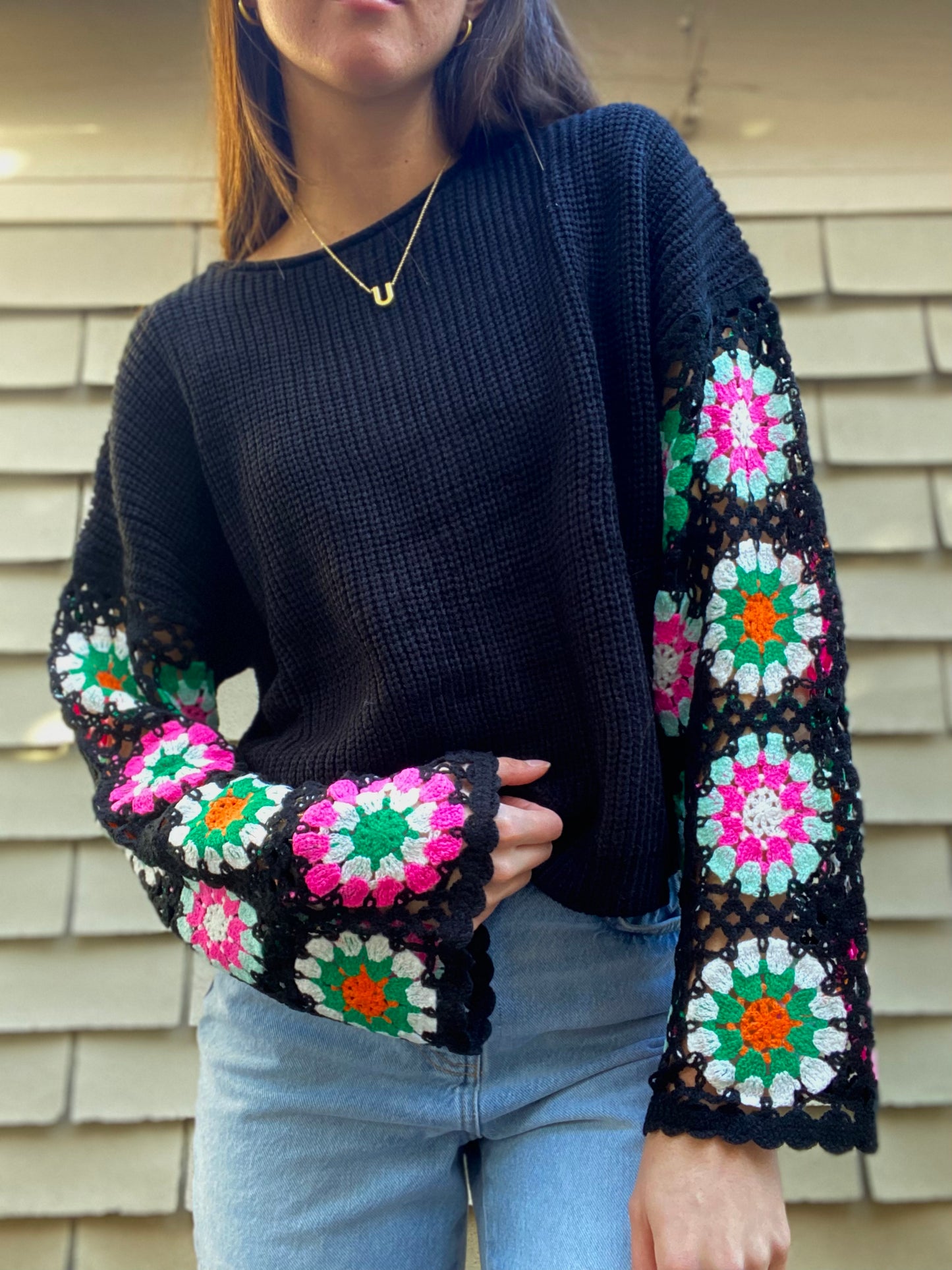 Retro Crochet Black Top With Flower Sleeves