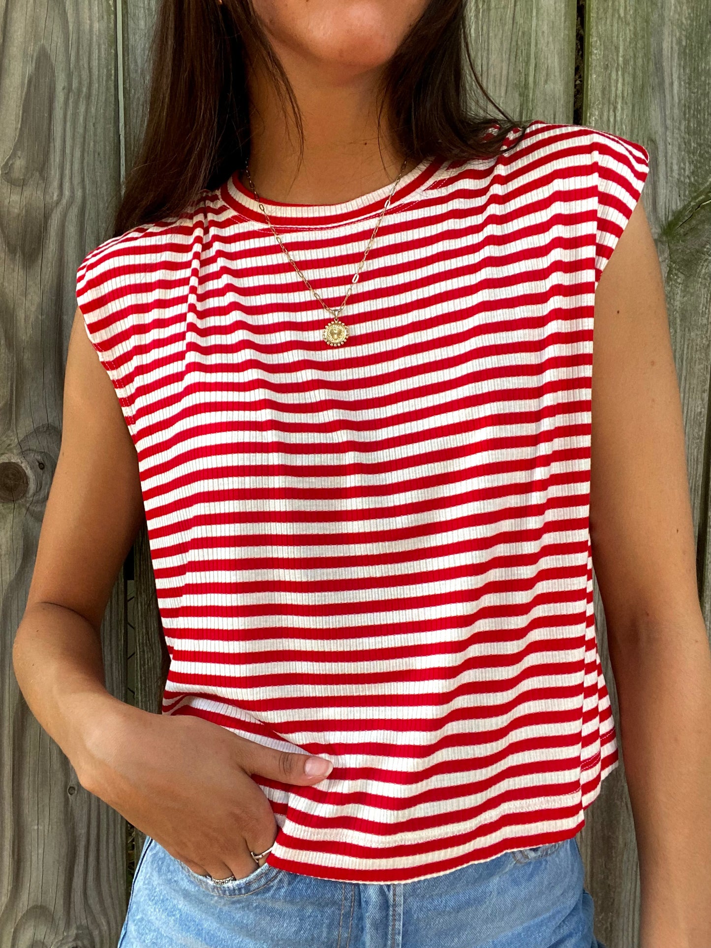 Red And White Striped Sleeveless Top