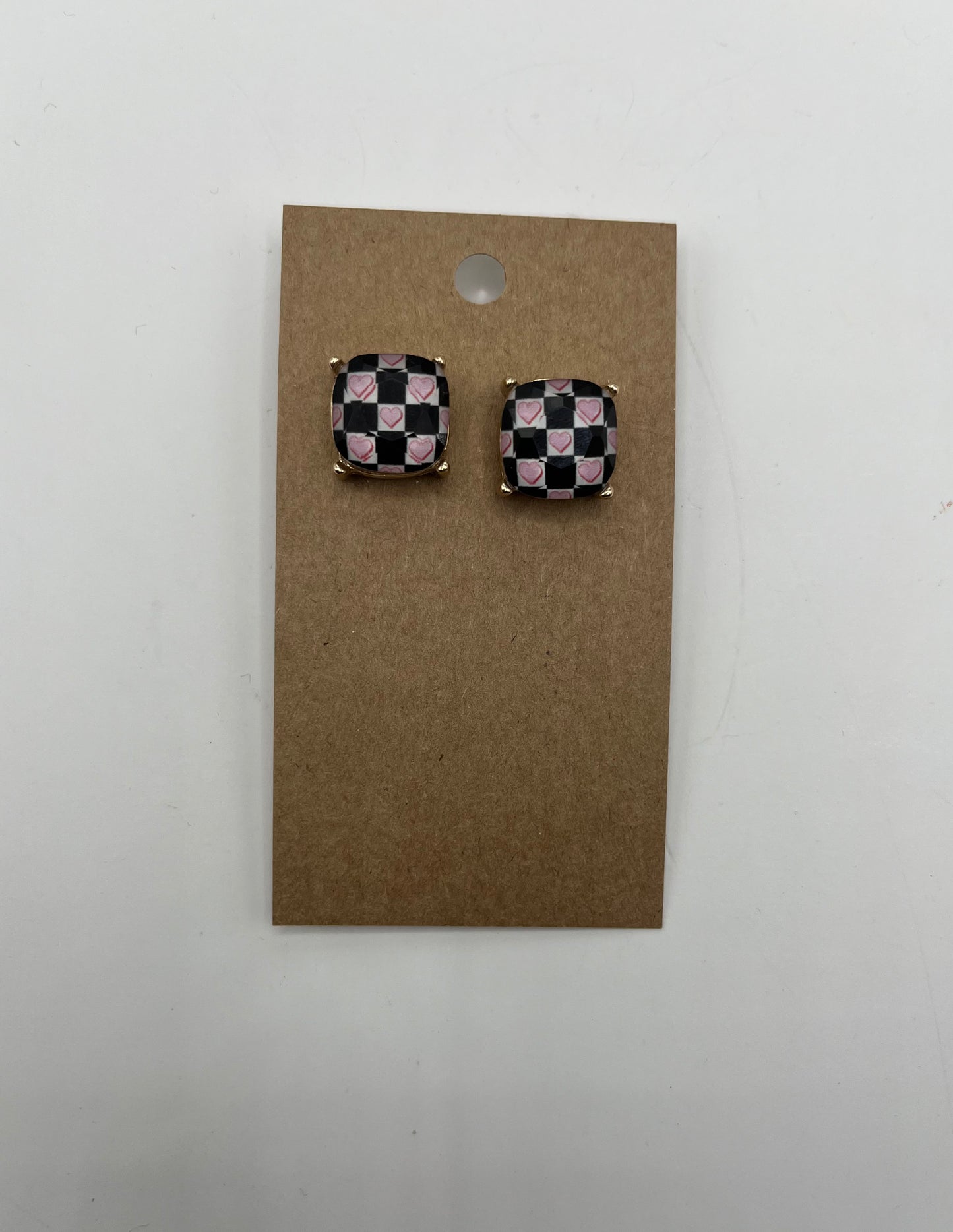 Checkered Pink Heart Stud Earrings