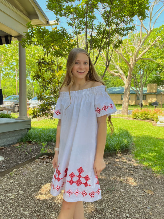 White Off-Shoulder Dress W/ Red Embroidery