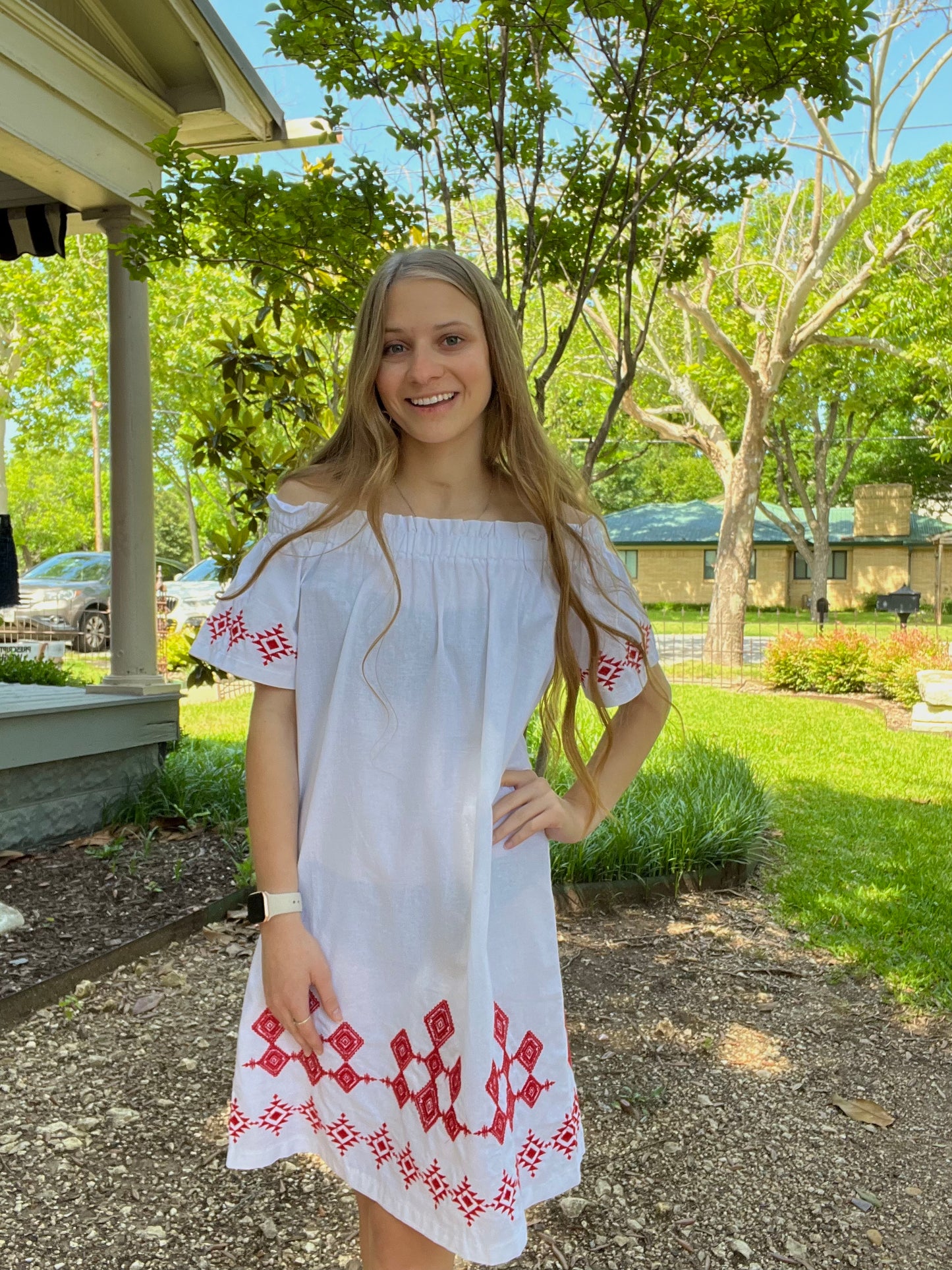 White Off-Shoulder Dress W/ Red Embroidery