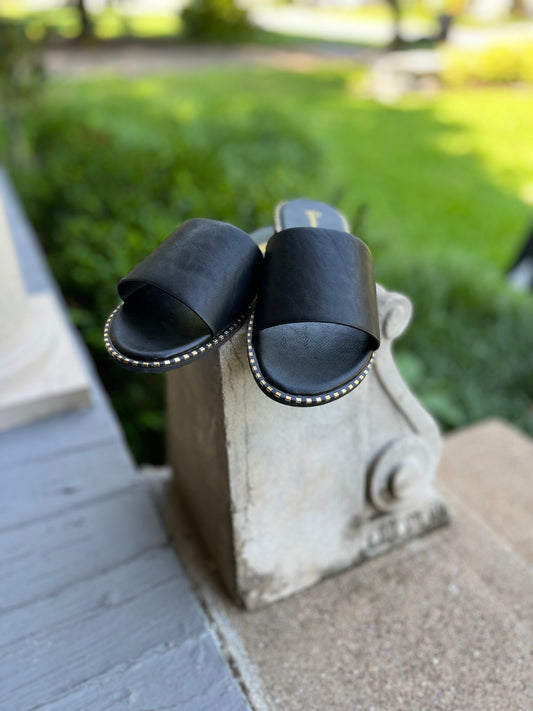 Black Sandals With Metal Tip Embellished Edge