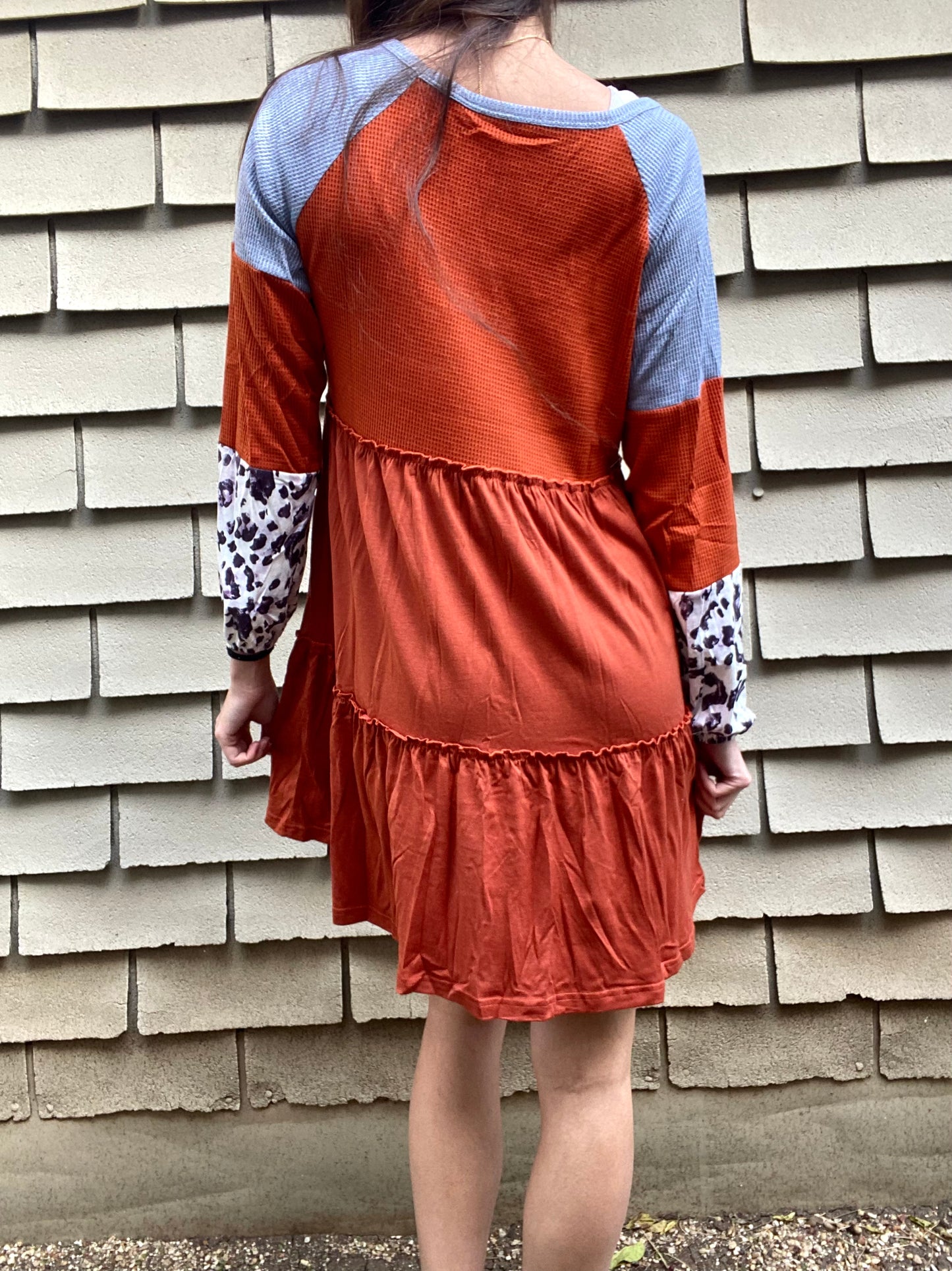 Burnt Orange Dress With Leopard Sleeves