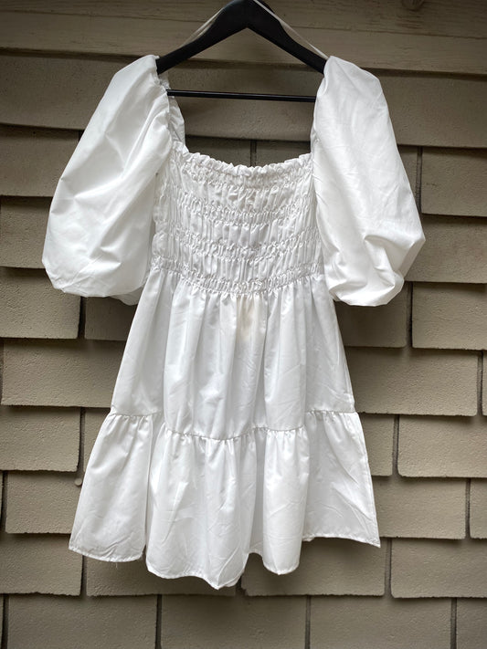 White Smocked Puff Sleeve Dress