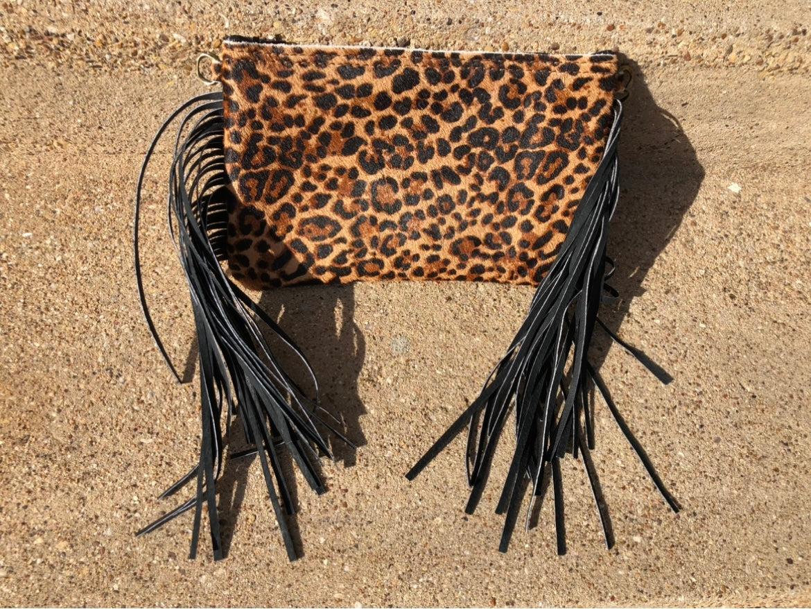 Leopard Leather Pouch Bag With Fringe