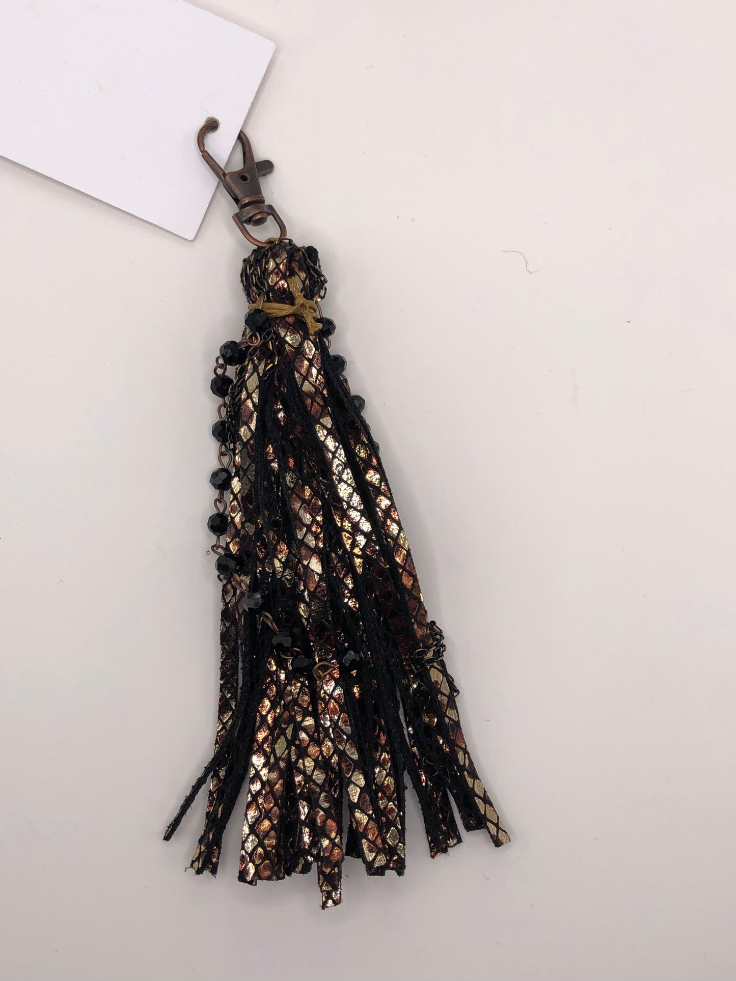 Dark Snakeskin And Black Bead Tassel Keychain